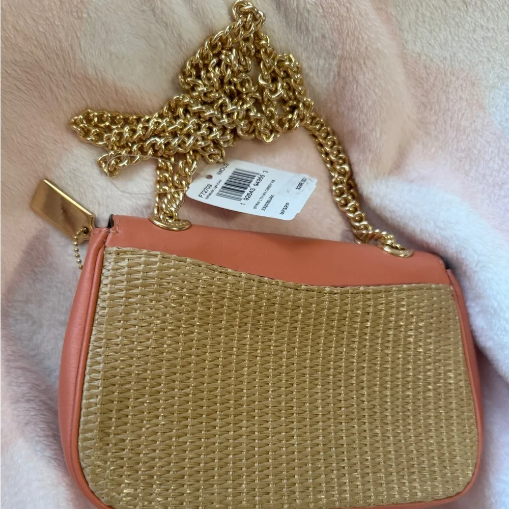 Coach Coral Pink Straw Crossbody‎ Bag with Gold Chain
